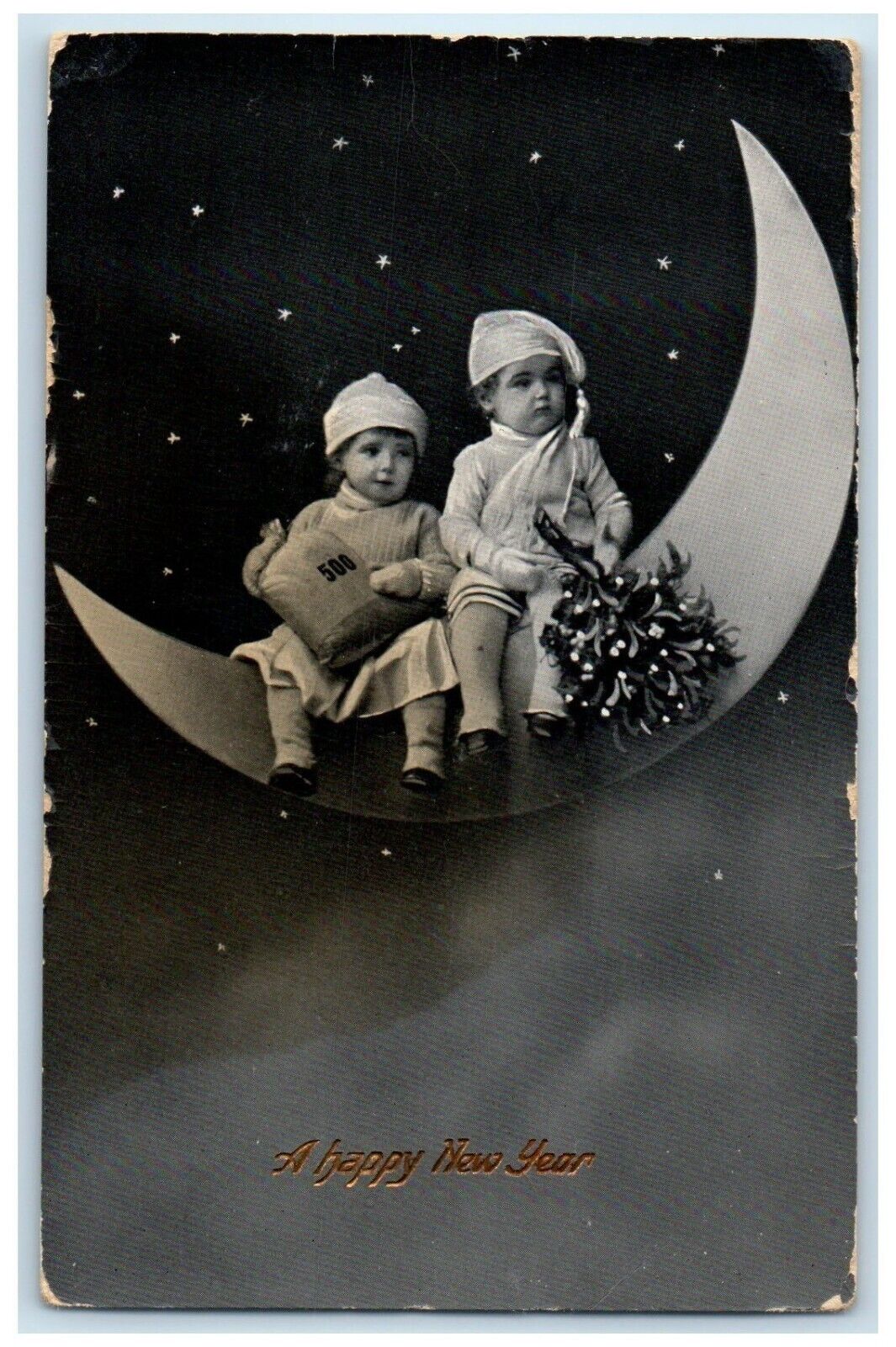 1915 New Year Cute Little Kid Crescent Moon Stars Huron South Dakota SD Postcard