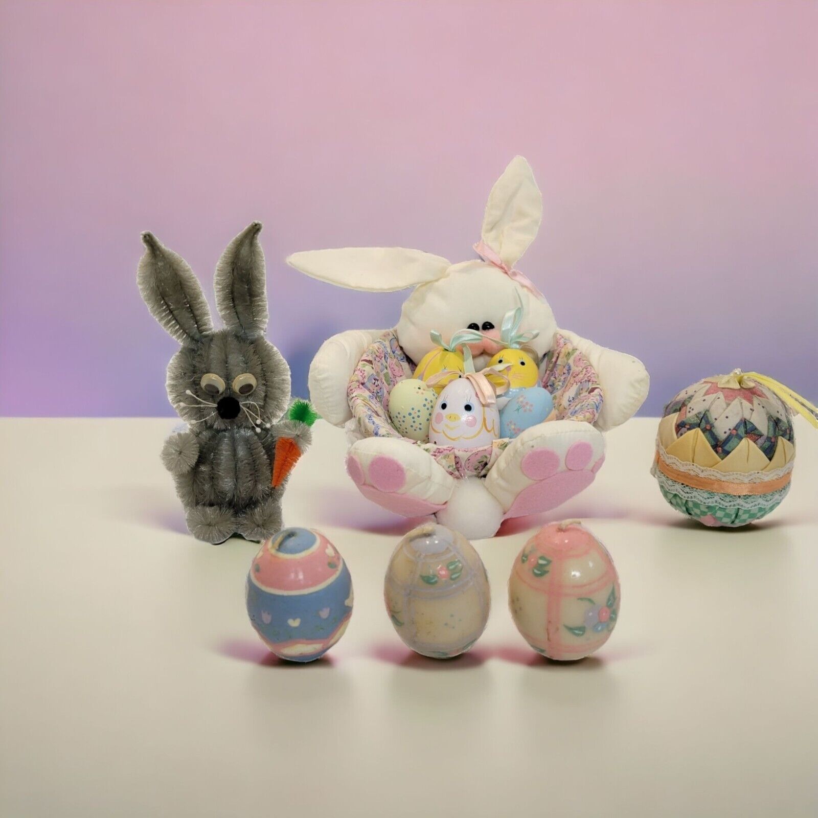 Lot of Vintage Easter Decorations Bunny Egg Basket,Egg Candles,Fabric Egg, Bunny