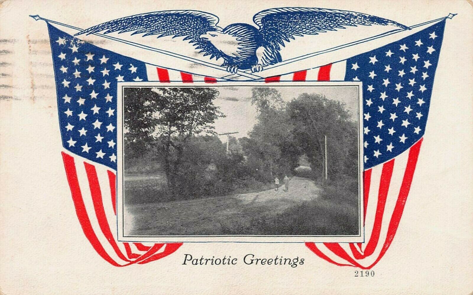 Patriotic Greetings, 1918 World War I Patriotic Postcard with an Eagle & 2 Flags