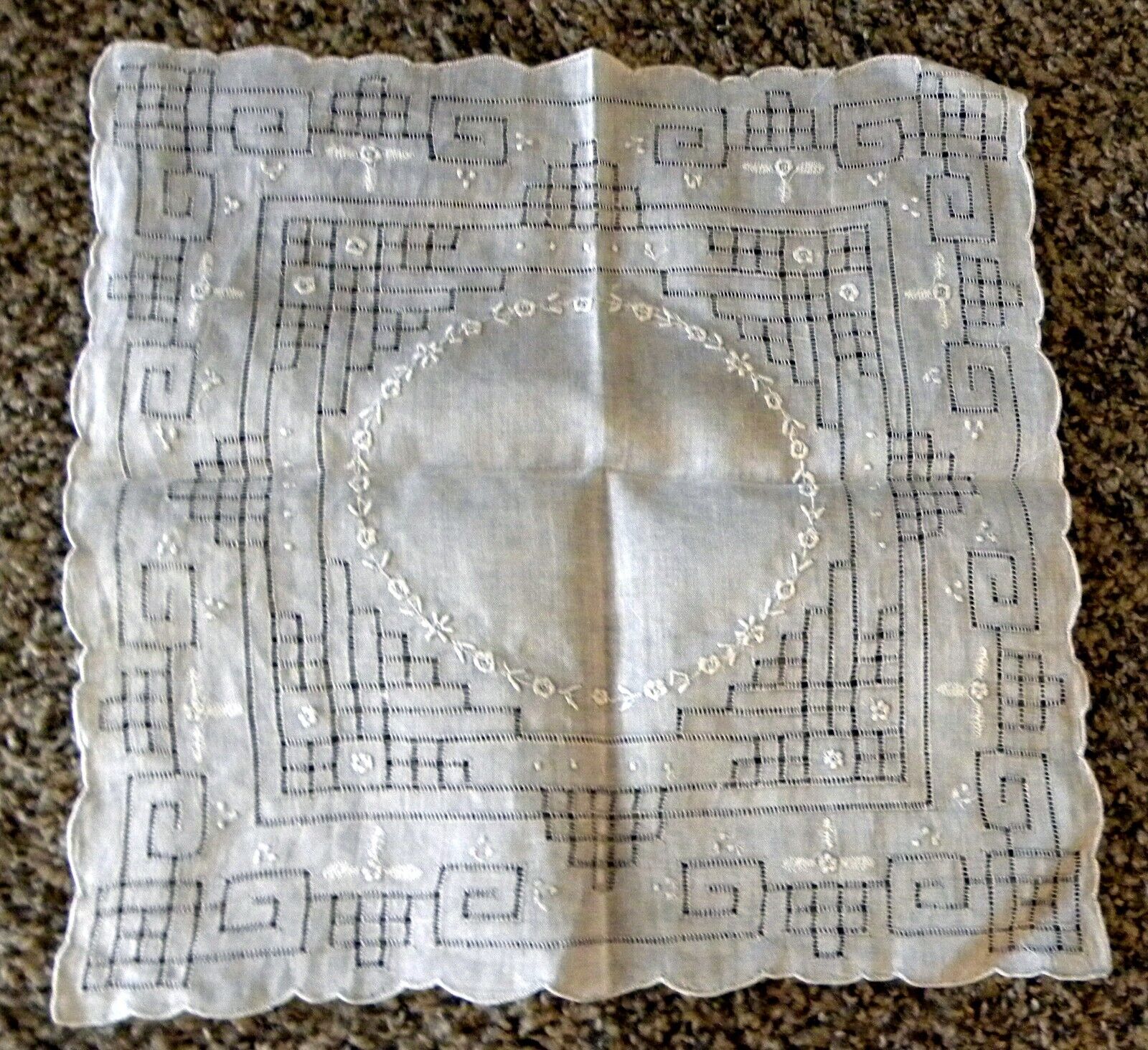 Vintage Cotton  HANKIE White On White EMBROIDERED Satin Stitch FLORAL Cutwork