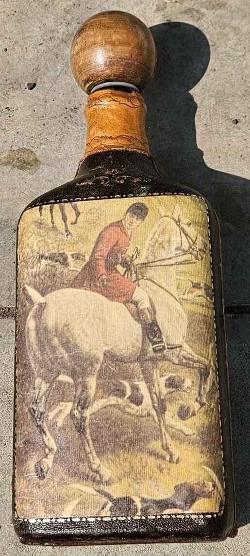 Vintage Leather Wrapped Glass Bottle Decanter  Horse/Equestrian/Dogs/Hunt Scene