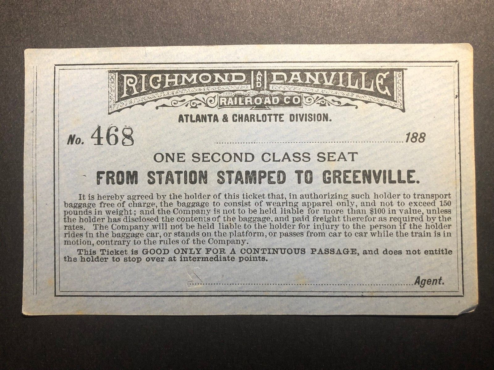 1880's Richmond and Danville Railroad to Greenville Unused Paper Ticket Scarce