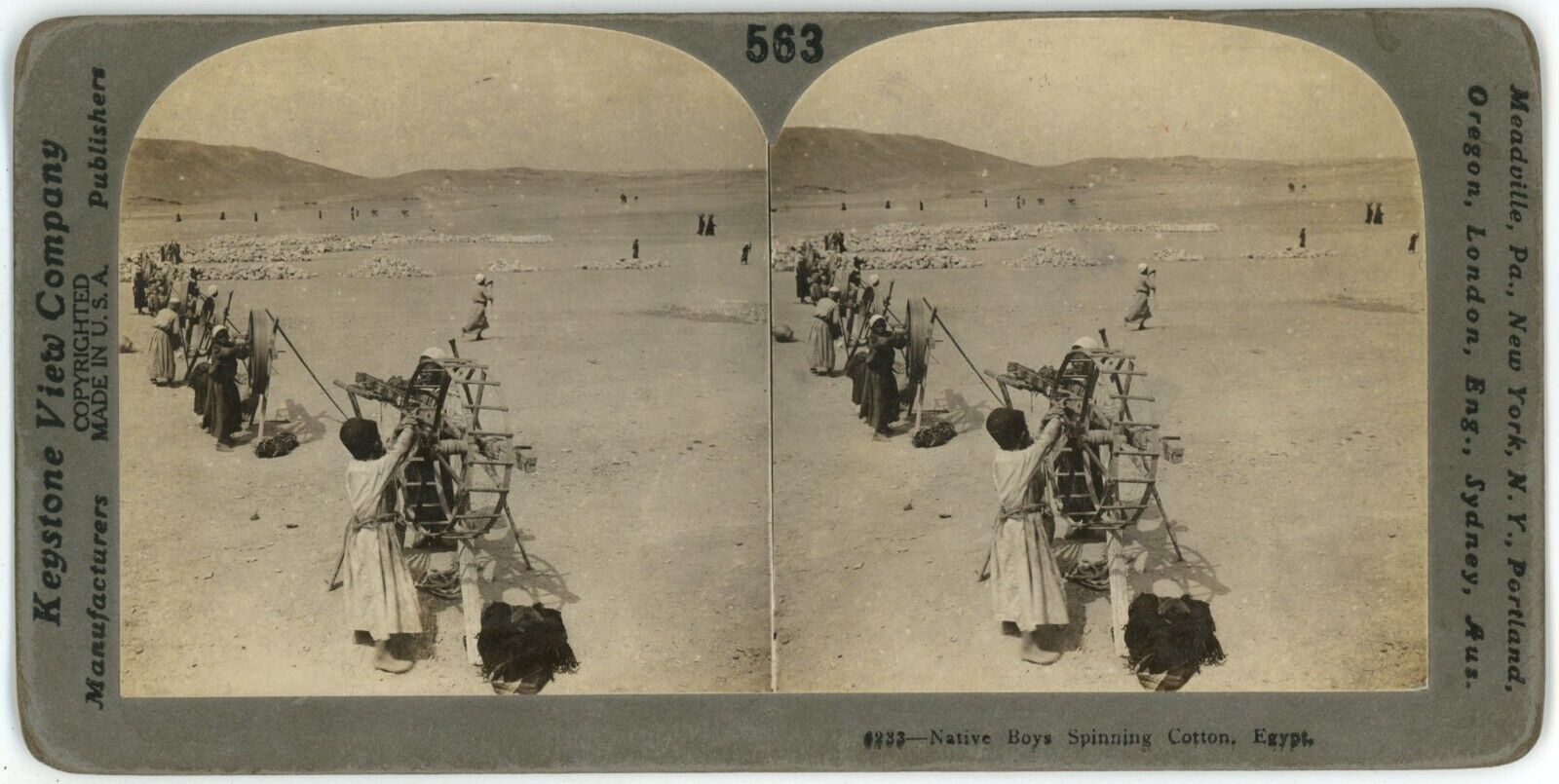 c1900\'s KEystone Real Photo Stereoview Card Native Boys Spinning Cotton in Egypt