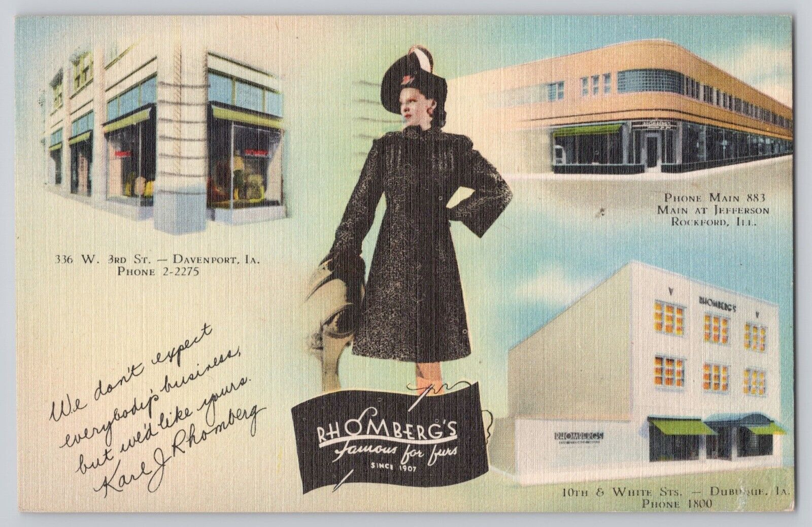 Rhomberg's Famous for Furs 1942 Linen Postcard Art Deco Design Furriers Dubuque