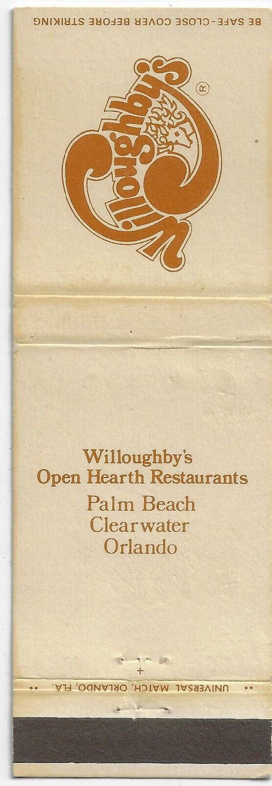 Willoughby's Open Hearth Restaurants Palm Beach Florida FS Empty Matchbook Cover