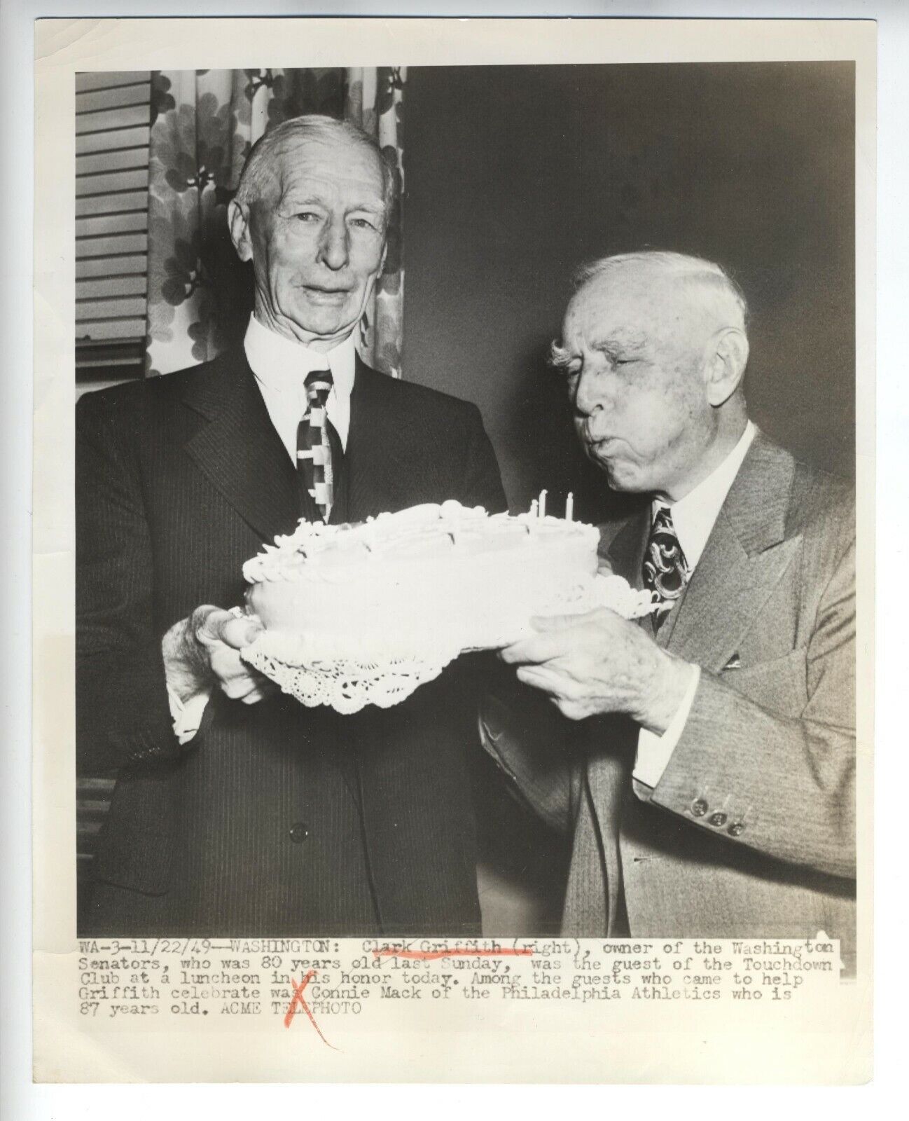 1949 ORIGINAL CONNIE MACK CLARK GRIFFITH PHOTO HALL OF FAMERS VINTAGE ORIGINAL