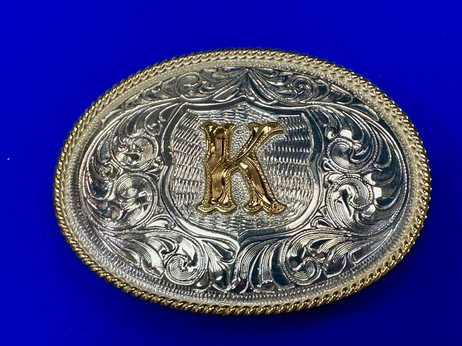 Custom Initial monogram Letter K - stamped Justin Boot Silver Mexico belt buckle