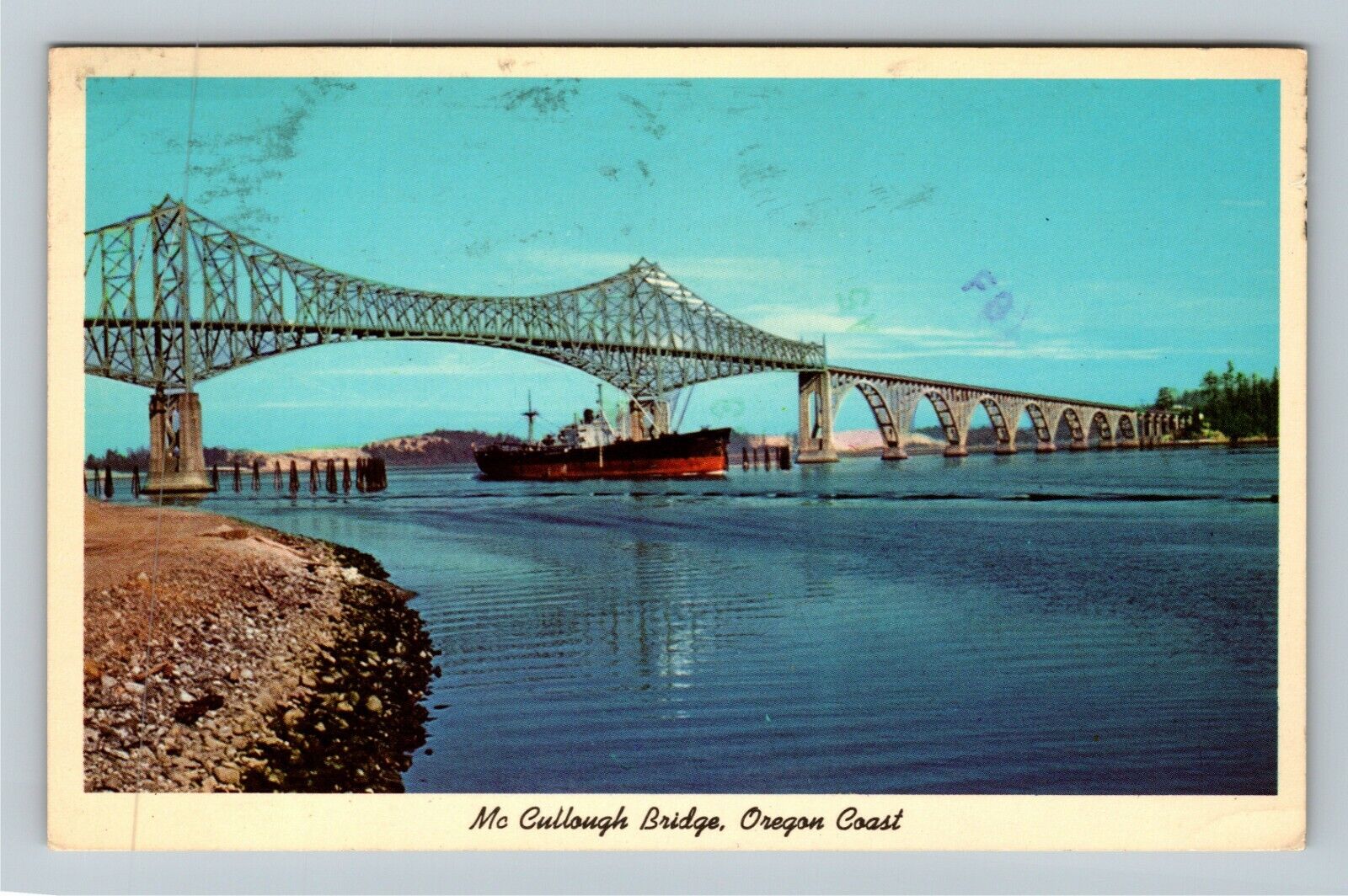 Bend OR-Oregon, McCullough Bridge, Coos Bay, Freighter, c1977 Vintage Postcard