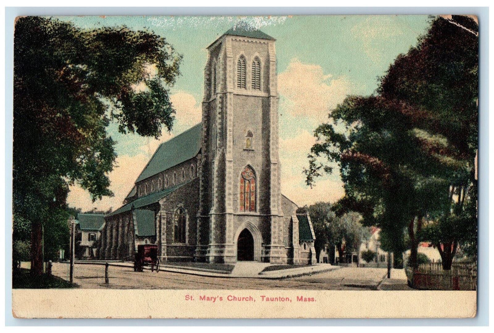 1912 Horse Car St Mary\'s Church Taunton Massachusetts MA Antique Posted Postcard
