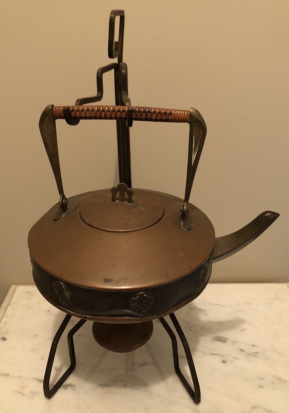 Antique Brass Plated Teapot With Wrought Iron Stand