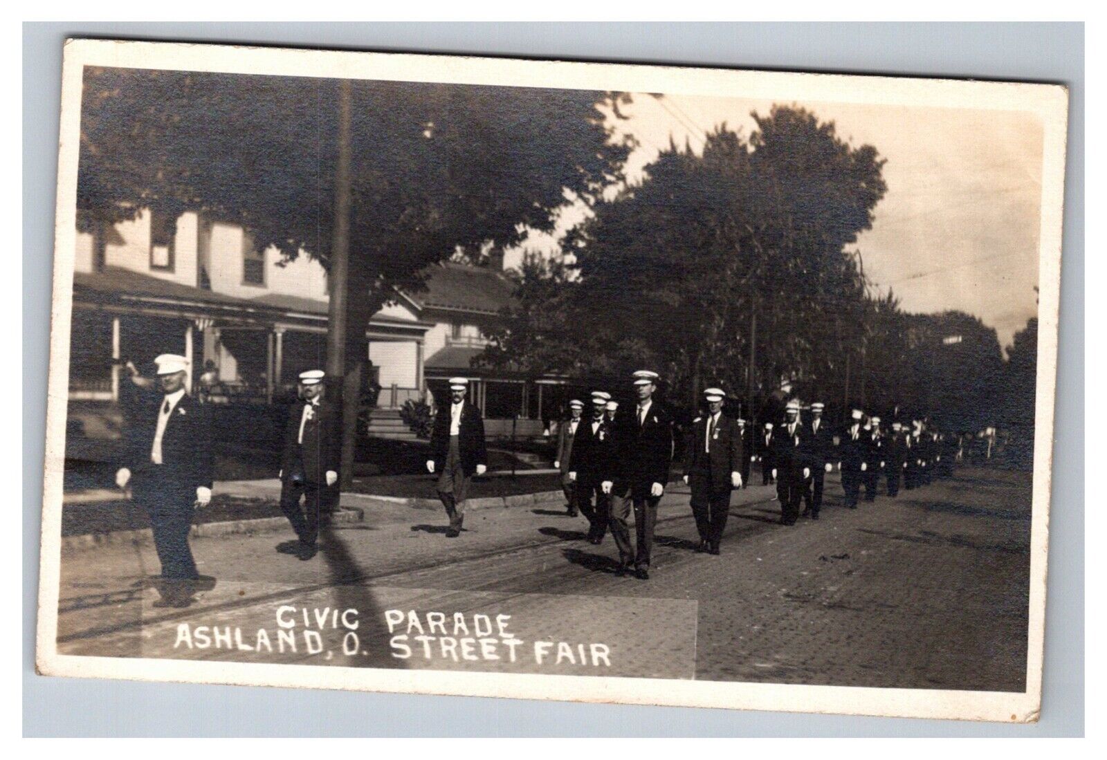Postcard Ashland Ohio RPPC Civic Parade Street Fair People Houses Club 1912