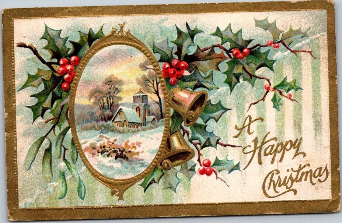 Early 1900\'s A Happy Christmas Holly Leaves Embossed Antique Postcard B16