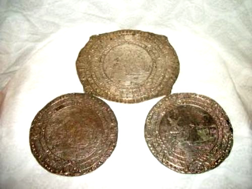 ANTIQUE SILVER PLATED COPPER HOT PADS DUTCH WINDMILLS SHIPS SET 3 1920s