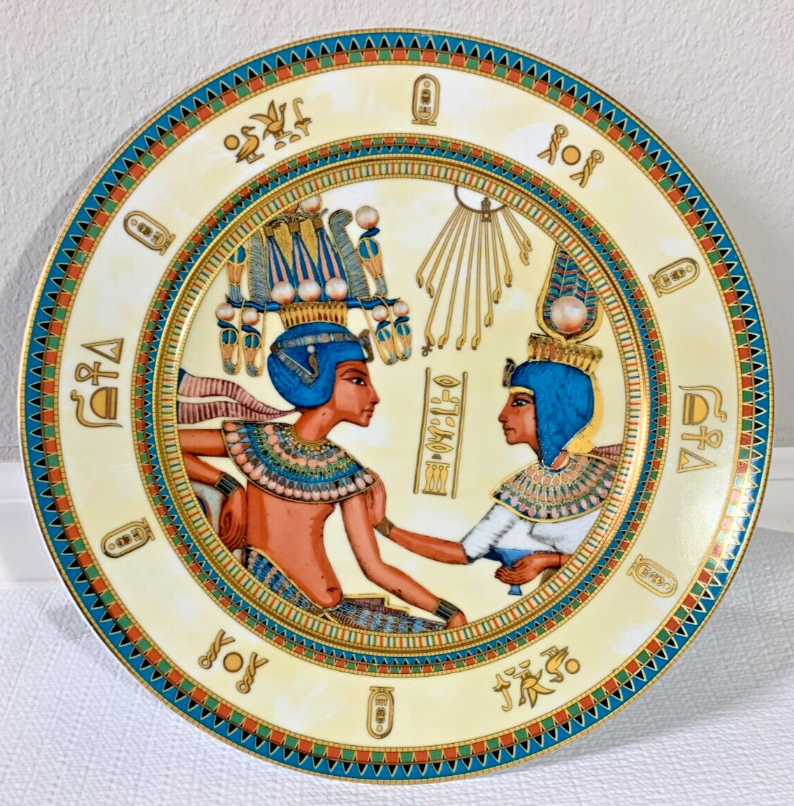 12 1/2” LIMOGES Fathi Mahmoud Round 1942 Gold Pharoh Sculpture Plate made -Egypt
