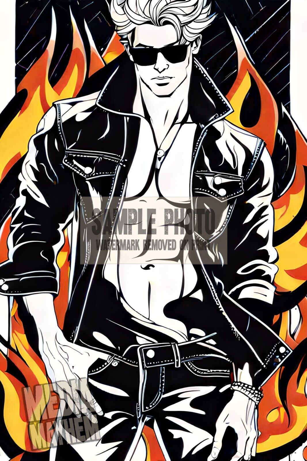 GAY ART PRINT - Hunky Leather Flames Guy Print 4x6 Gay Interest Photo #1173