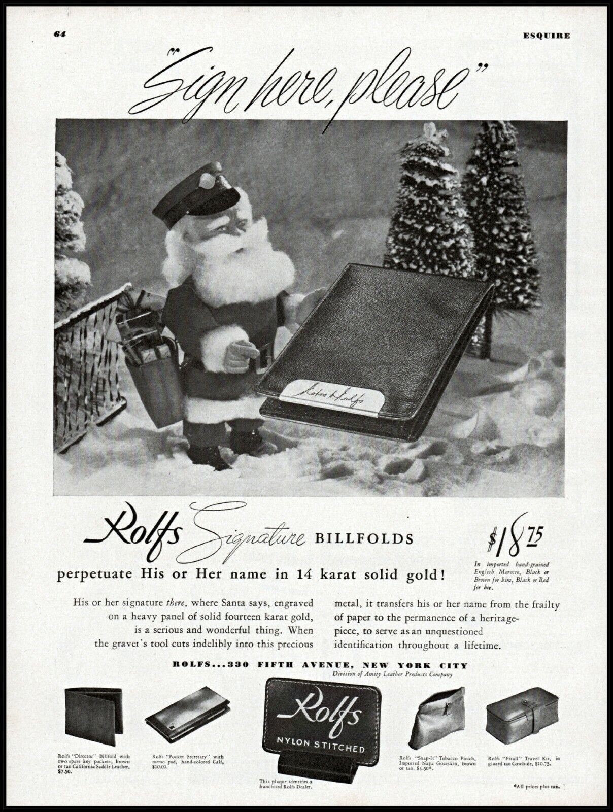1947 Rolfs billfolds Christmas gifts Santa trees vintage photo print Ad adL54