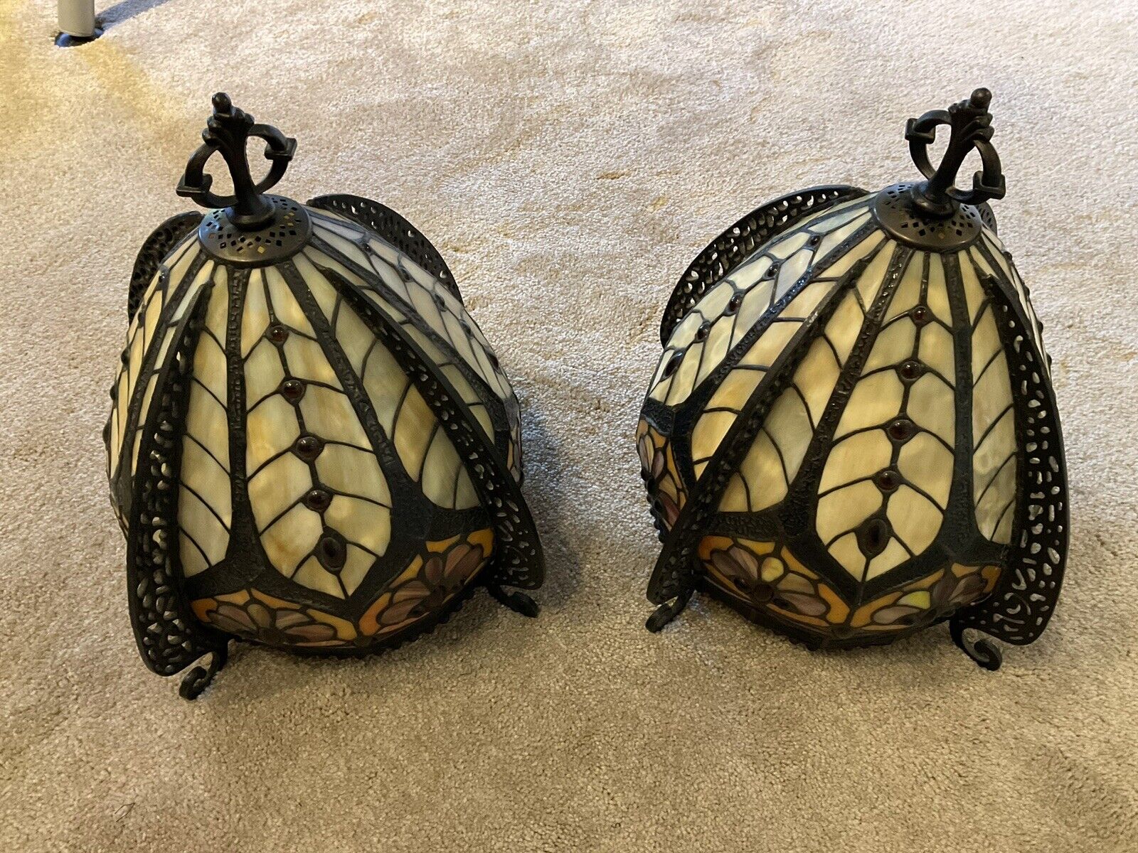 PAIR VINTAGE  STAINED/ LEADED  GLASS  LAMP  SHADES VERY COOL COMES WITH HARP