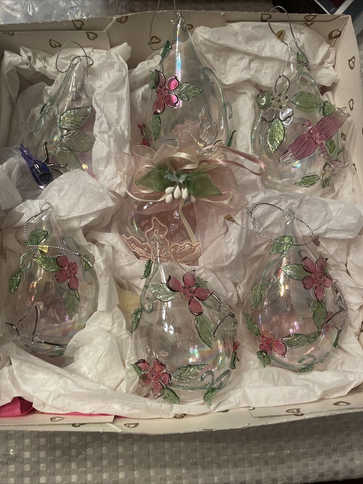(6) Iridescent Hand Blown Clear  Glass Christmas Ornaments 5”x3”