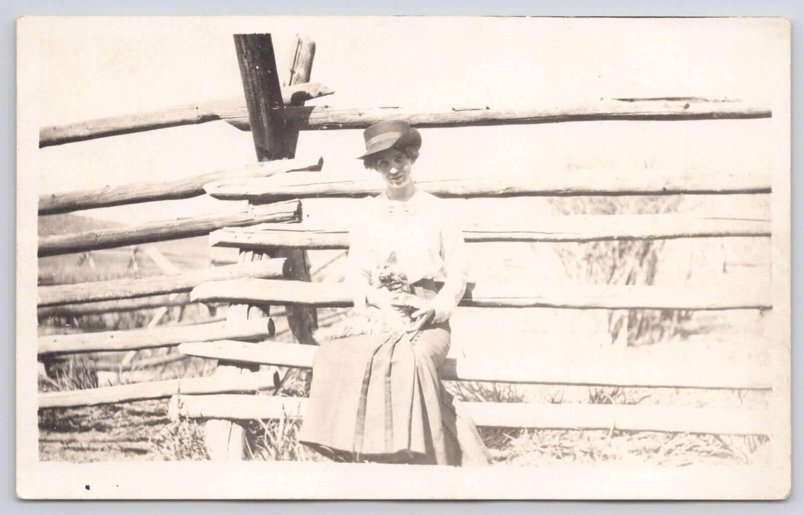 RPPC Woman Sitting on Wooden Fence Holding Cat c1910 Real Photo Postcard