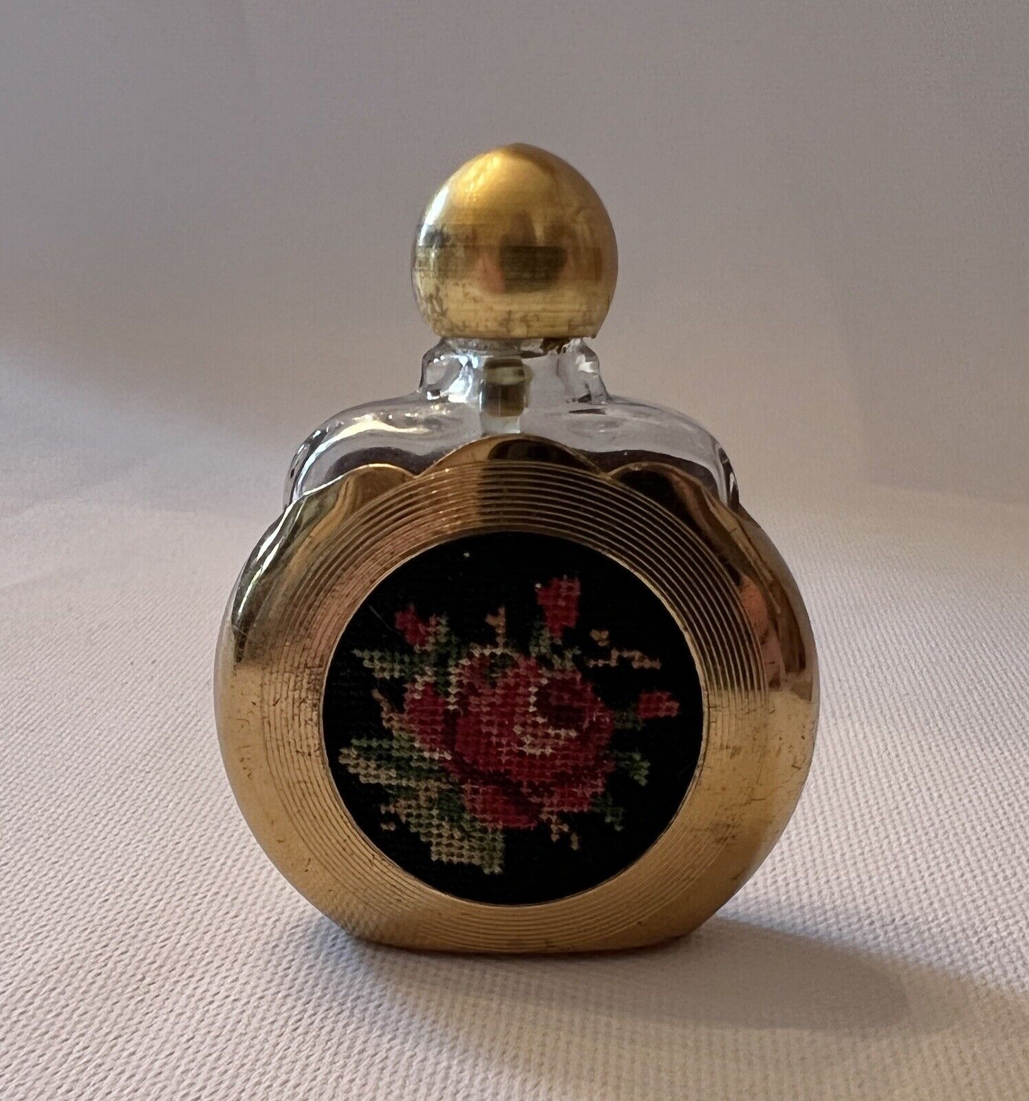 Vintage Petit Point Rose Mini Dauber Perfume Bottle Glass & Brass