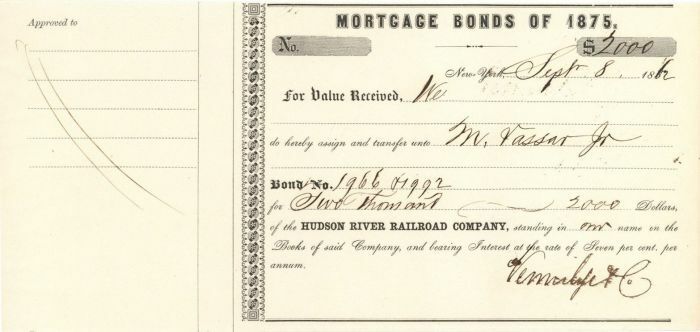 Hudson River Railroad Co. Transferred to M. Vassar Jr. - Bond Transfer - Autogra