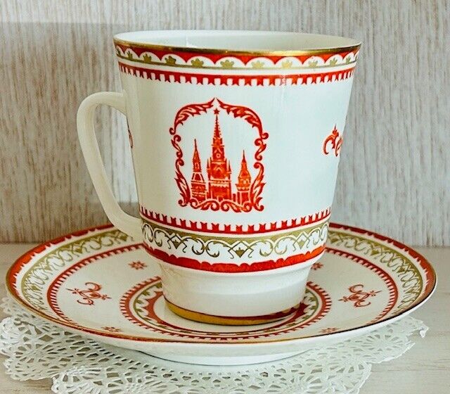 USSR Lomonosov Porcelain Teacup Saucer Red Moscow Kremlin Towers Gorbachev Era