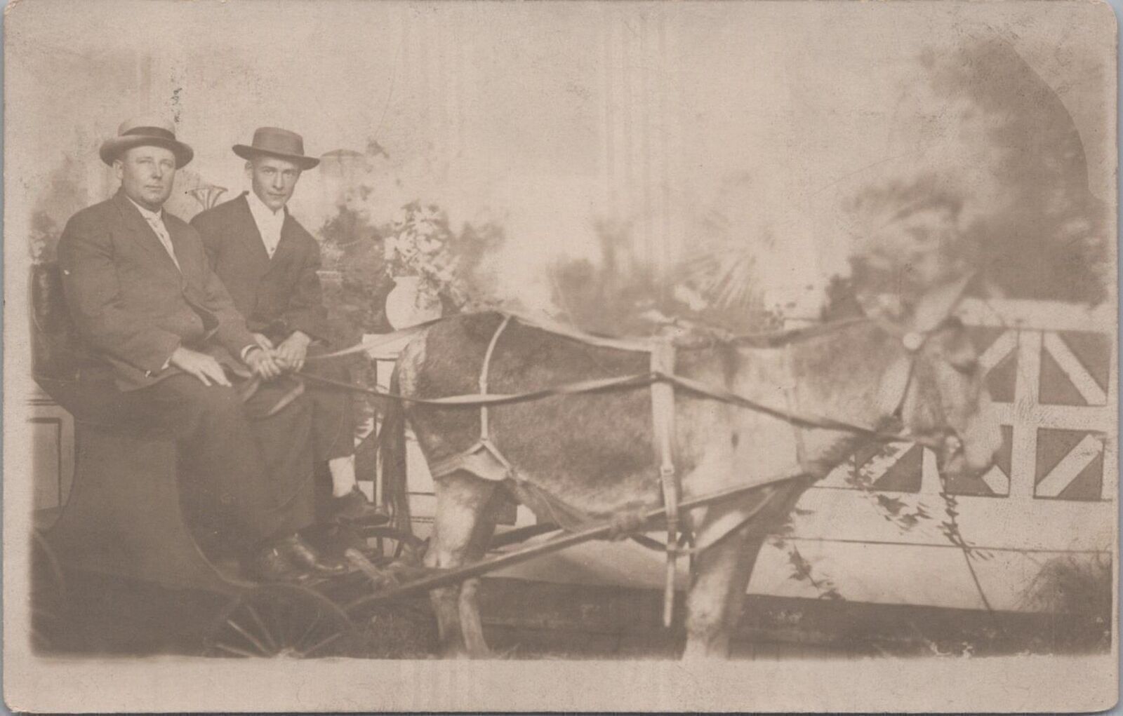 RPPC Postcard Men Driving a Cart With Donkey 1911
