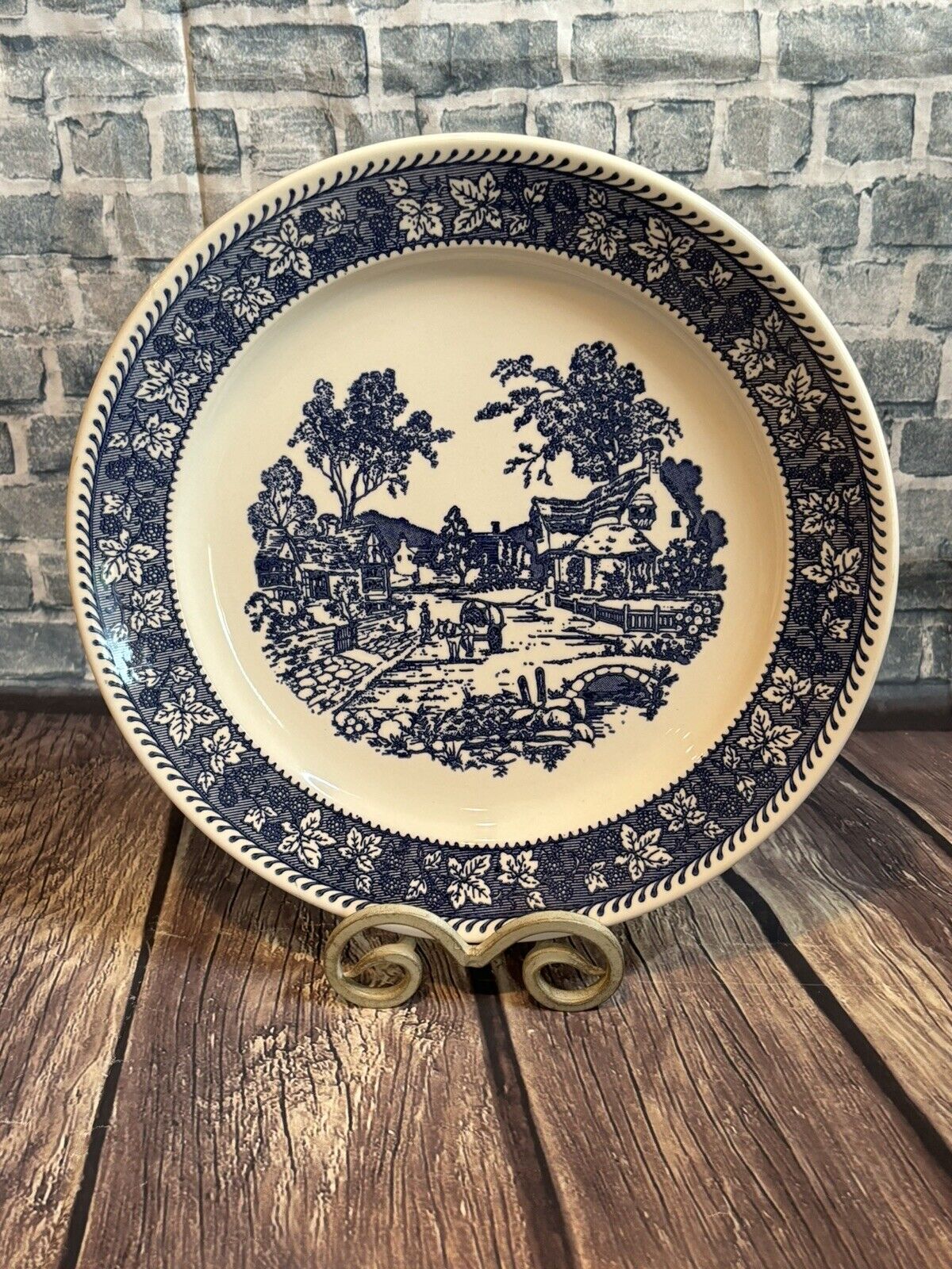 Antique Early Americana Design Charger Plate, Blue, White, Horse Drawn Carriage,