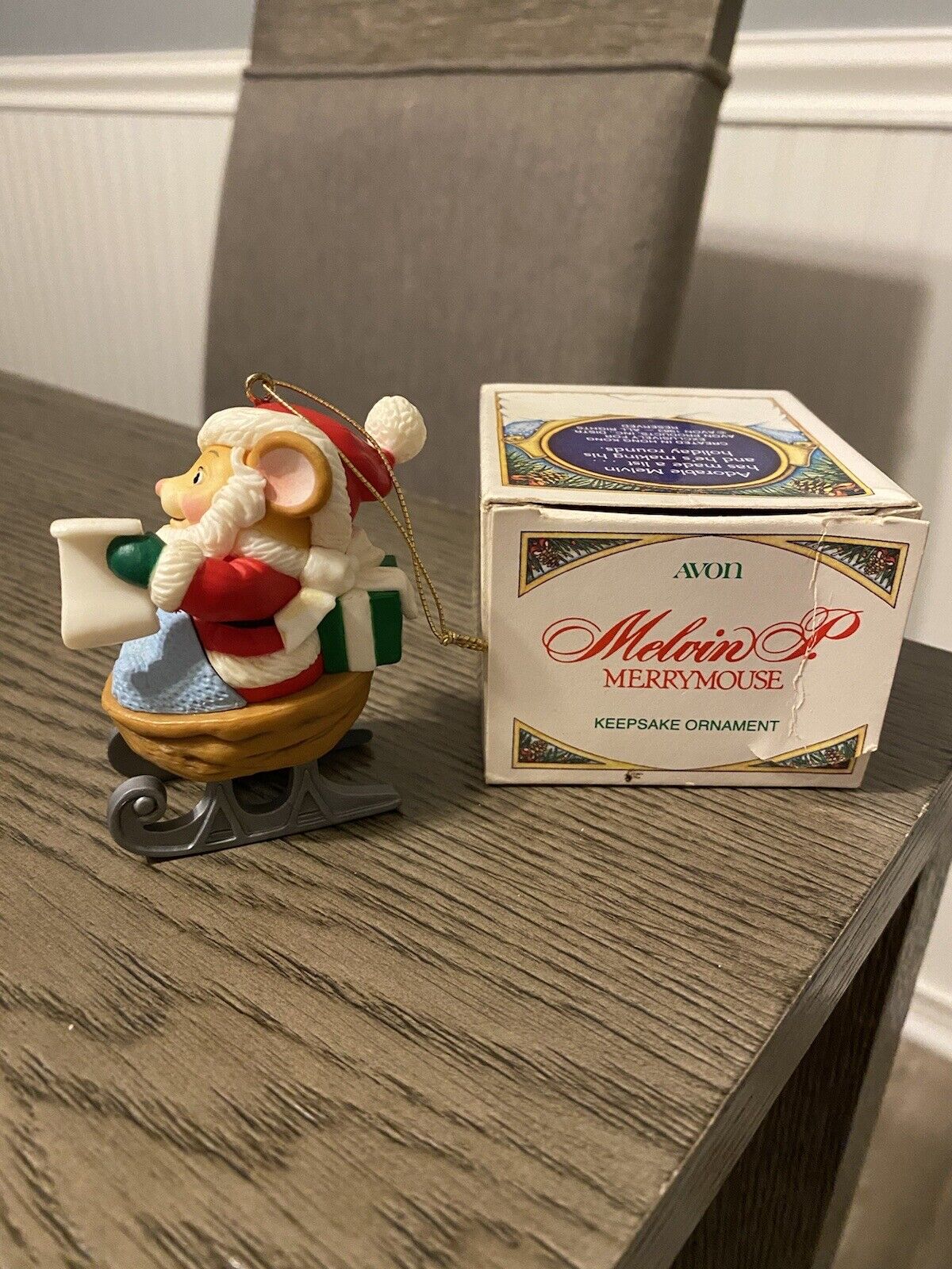 Vintage Avon Christmas Ornament 1983 Melvin P Merry Mouse Nut Shell Sled W/ Box