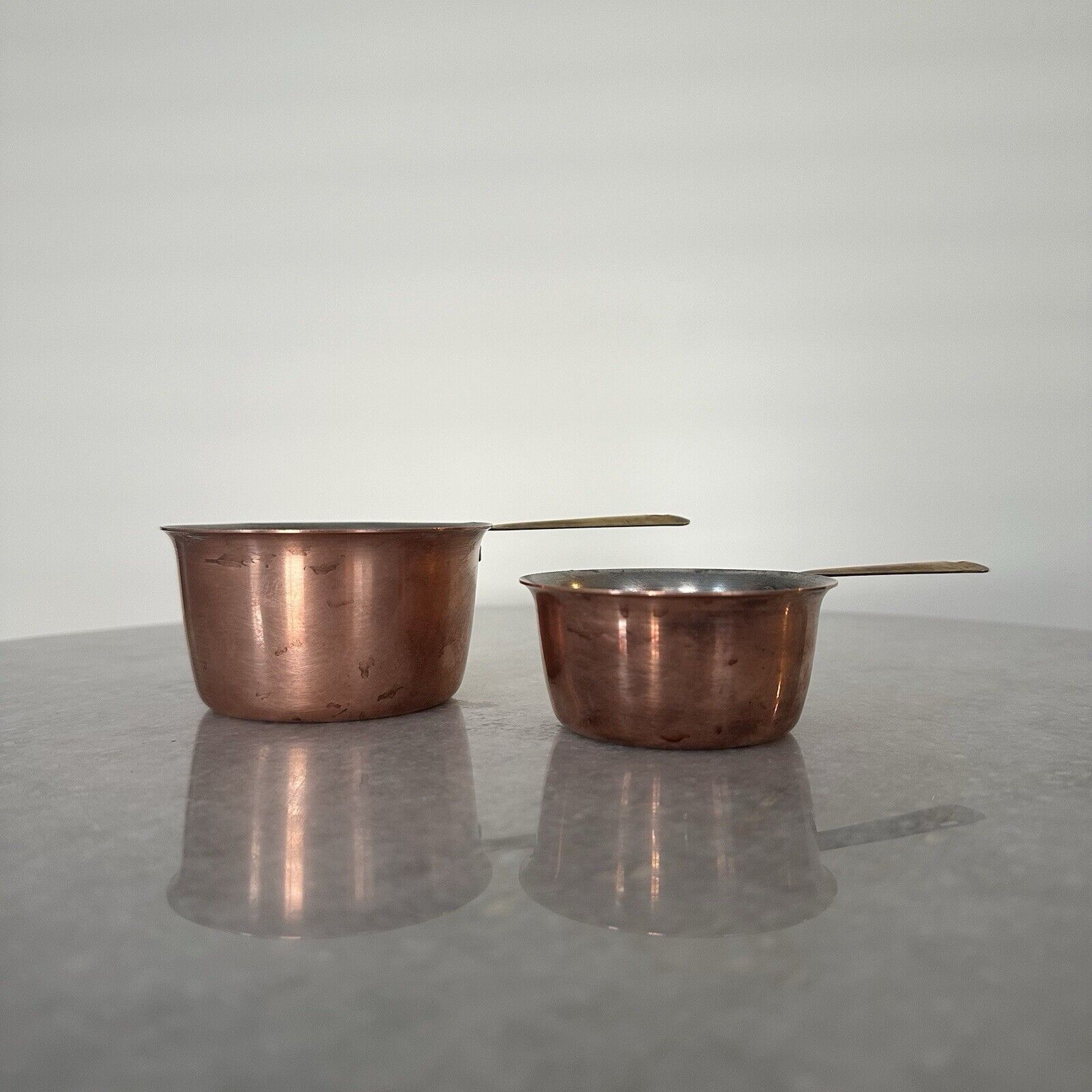 Set of Two Vintage Mini Copper Pots with Brass Handles Measuring Cups