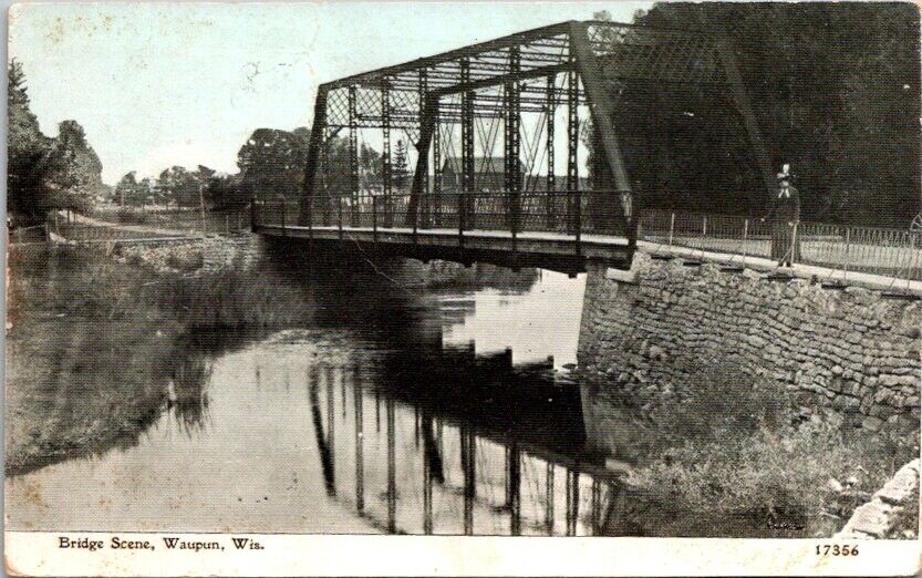 Vintage Postcard Woman Standing by Bridge Waupun Wisconsin WI 1913          1156