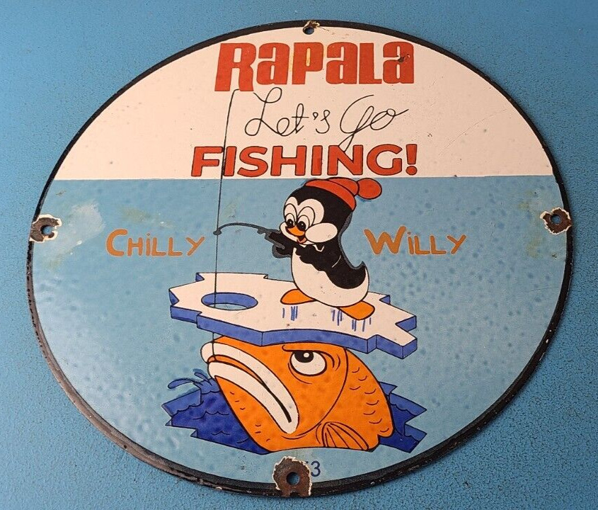 Vintage Rapala Fishing Lures Ad Sign - Chilly Willy Porcelain Gas Pump Sign