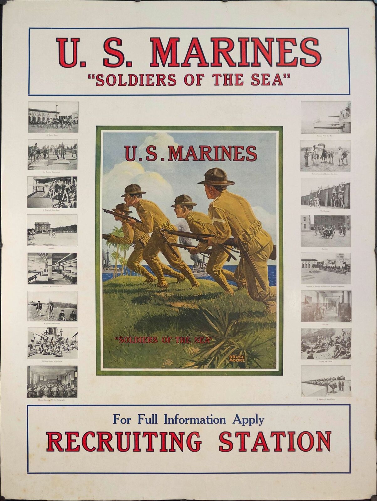1918 U.S. Marines Soldiers of the Sea Bruce Moore Original WWI Poster Vintage