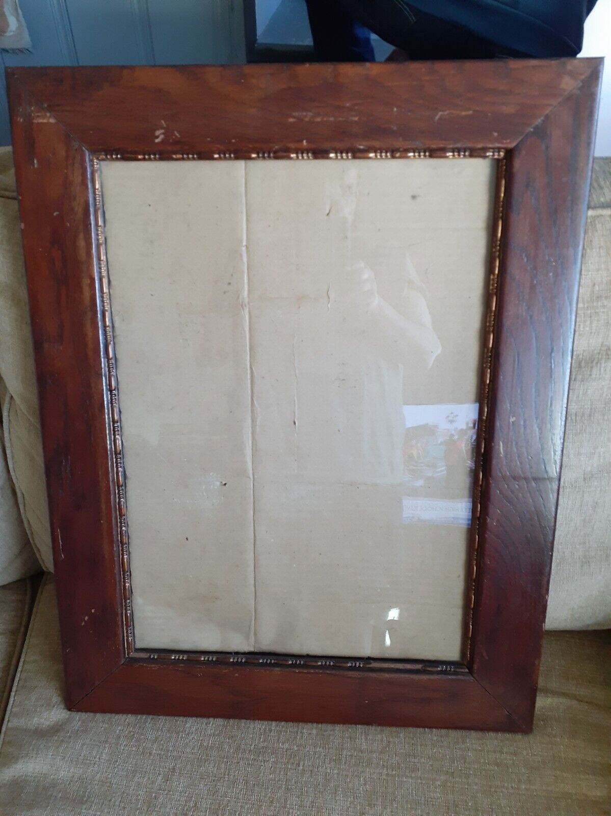 Vintage Large Frame Solid Oak w Glass & Golden Beads Inner Trimming