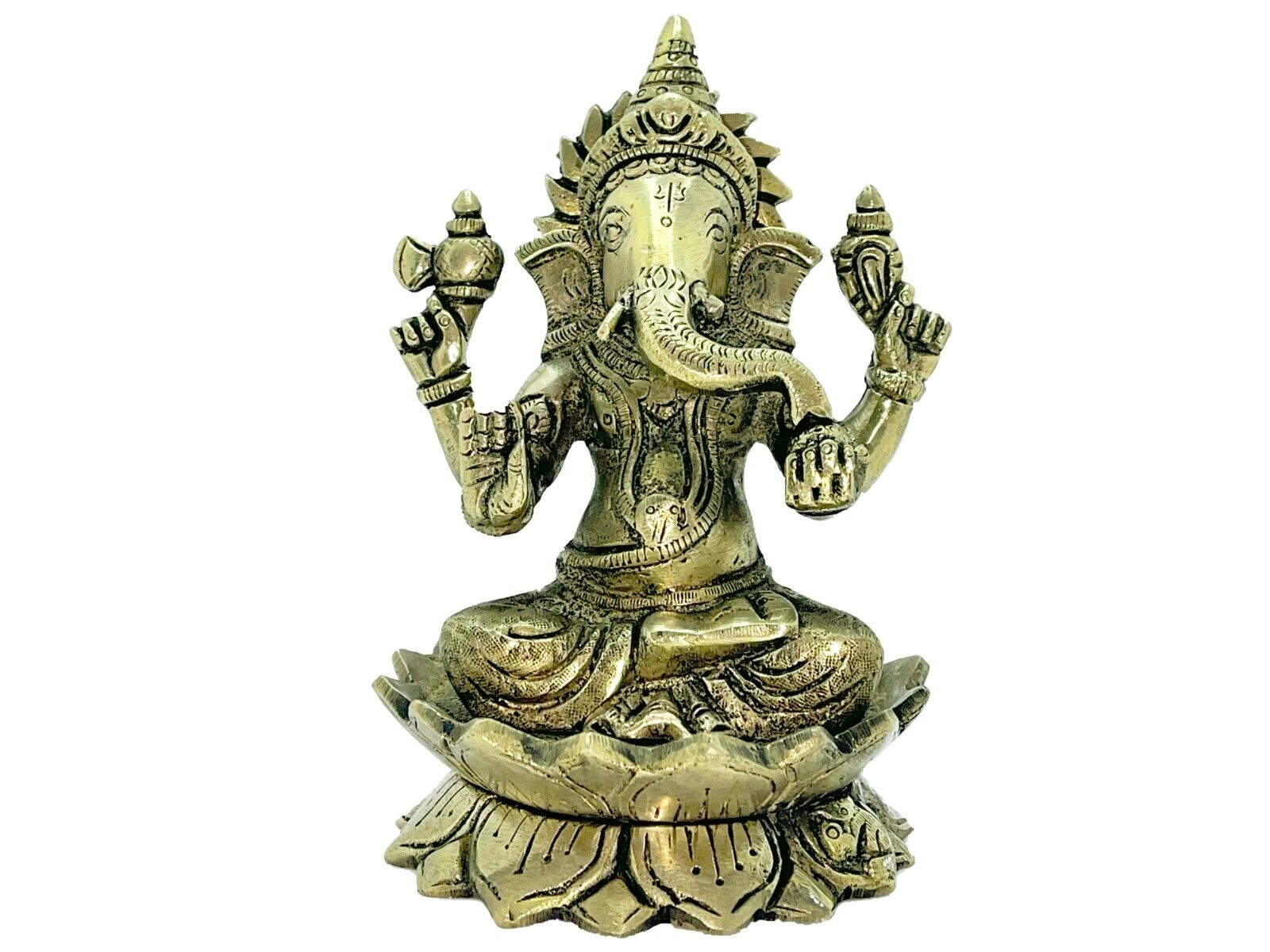 Ganesha Idol Brass Sitting on Lotus flower with trunk bent towards left 