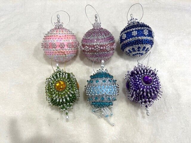 Lot# 14 - 6 Hand Made Vintage Beaded Christmas Ornaments-Lace-Satin-Pearls-NICE