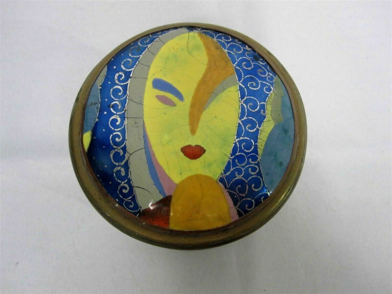 MID CENTURY HAND PAINTED ENAMEL ON COPPER CORK LINED HUMIDOR TOBACCO JAR BOX