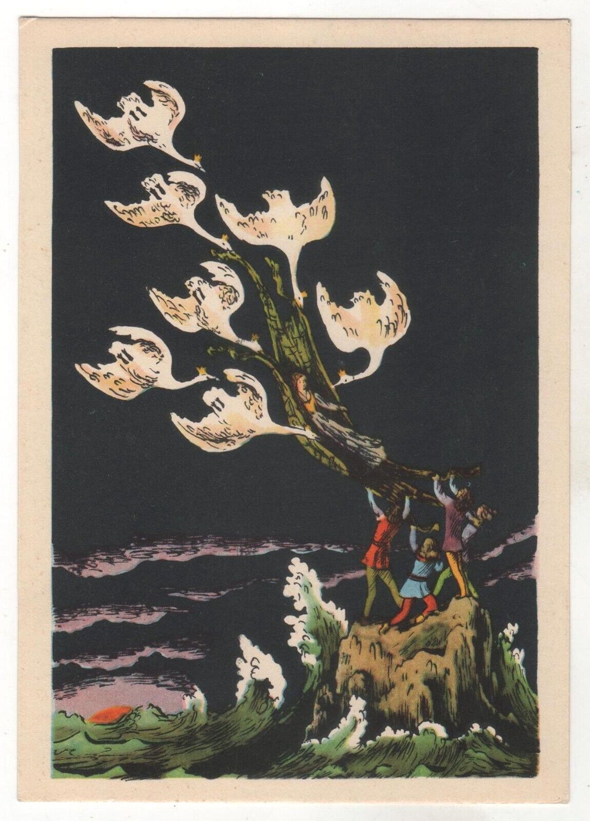 1963 Fairy Tale by Andersen Wild Swans Girl Boy Kids ART RUSSIAN POSTCARD Old