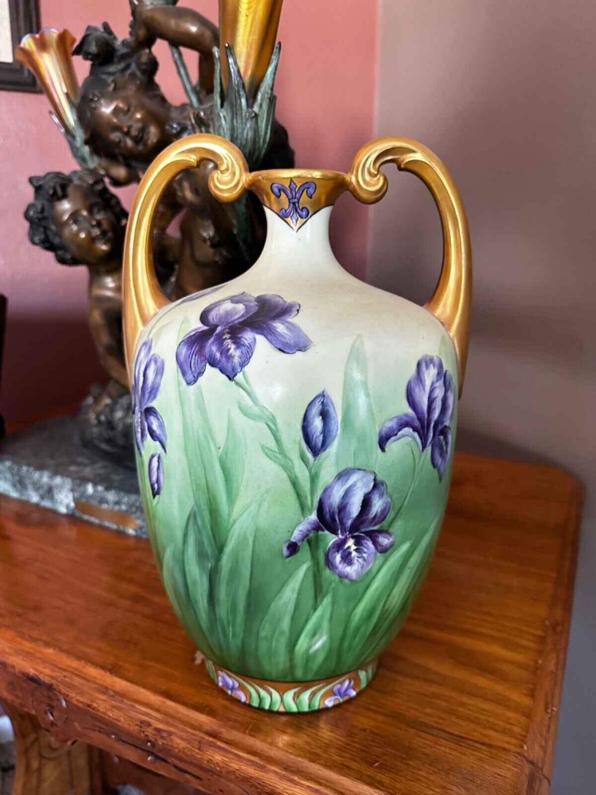 Vintage 13 1/2” Limoges Muscle Vase, Gilded handles, painted by Gifford.