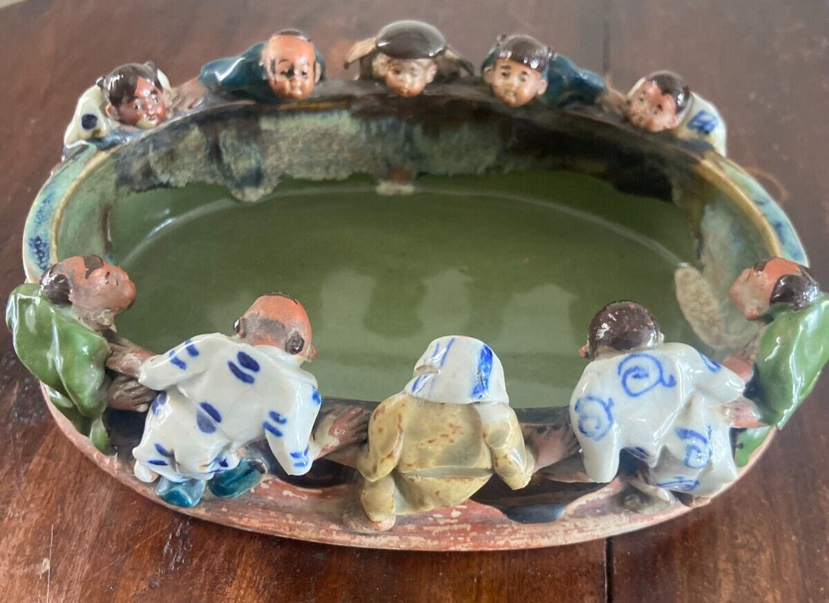 Japanese Sumida Gawa Pottery Oval Pond Bowl Dish 10 Figures 8.25\