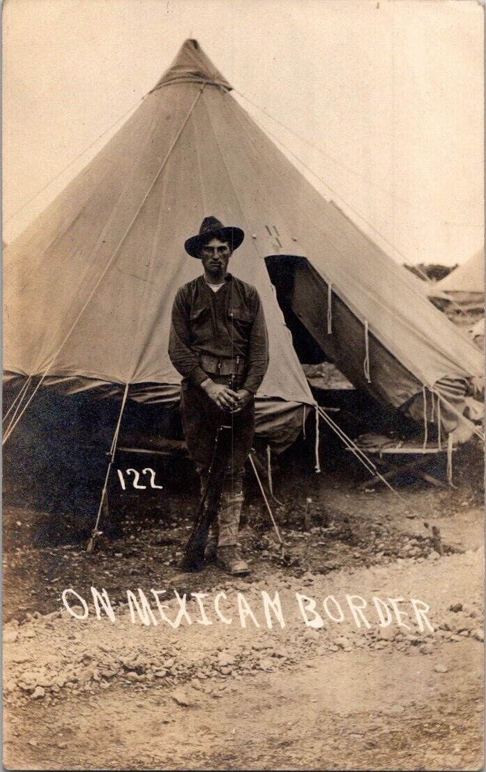 Antique On Mexican Border War Tent Military Soldier w/ Pipe & Gun RPPC Postcard