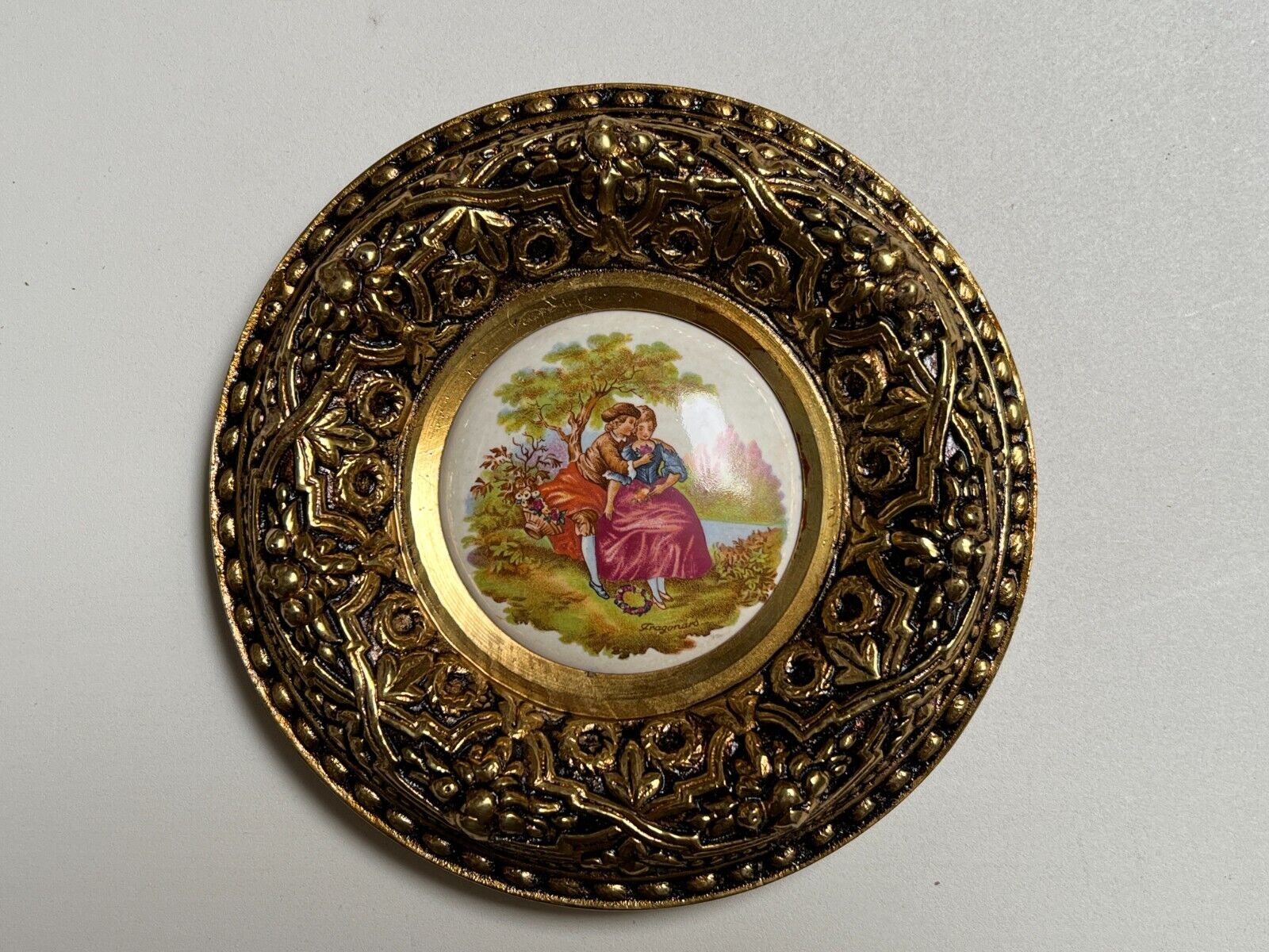 Vintage Spain Limoges Fragonard Porcelain Couple Plaque w/Gold Brass Frame, 6