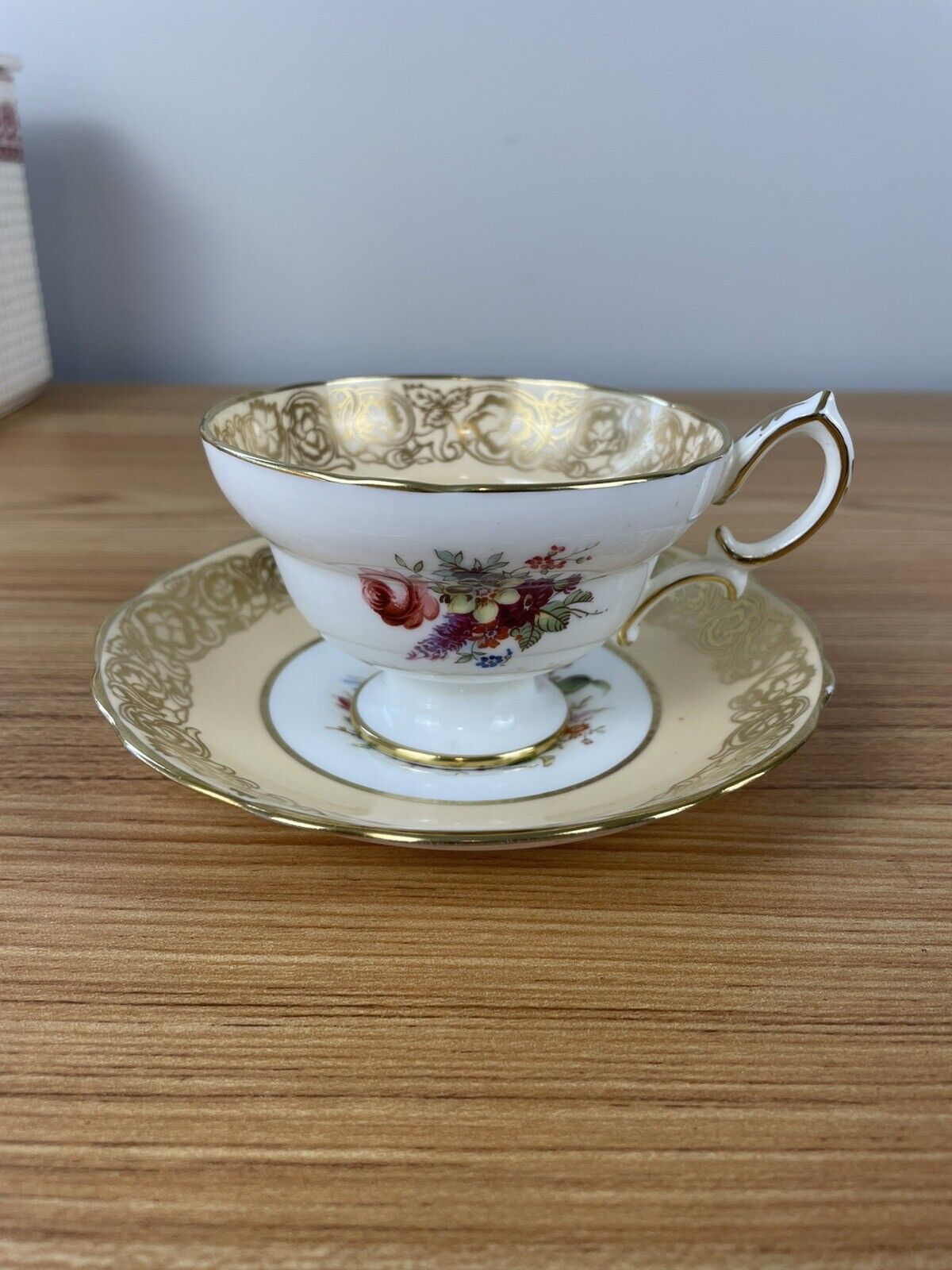 Hammersley Tea cup & Saucer Gold Floral Footed Cup Vintage England Bone China