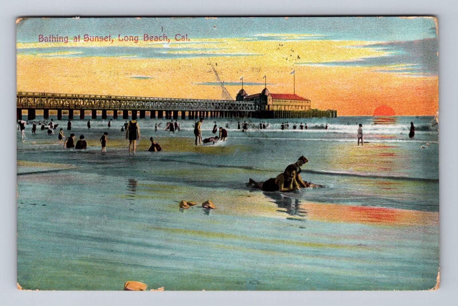 Long Beach CA-California, Bathing At Sunset, Antique, Vintage c1909 Postcard