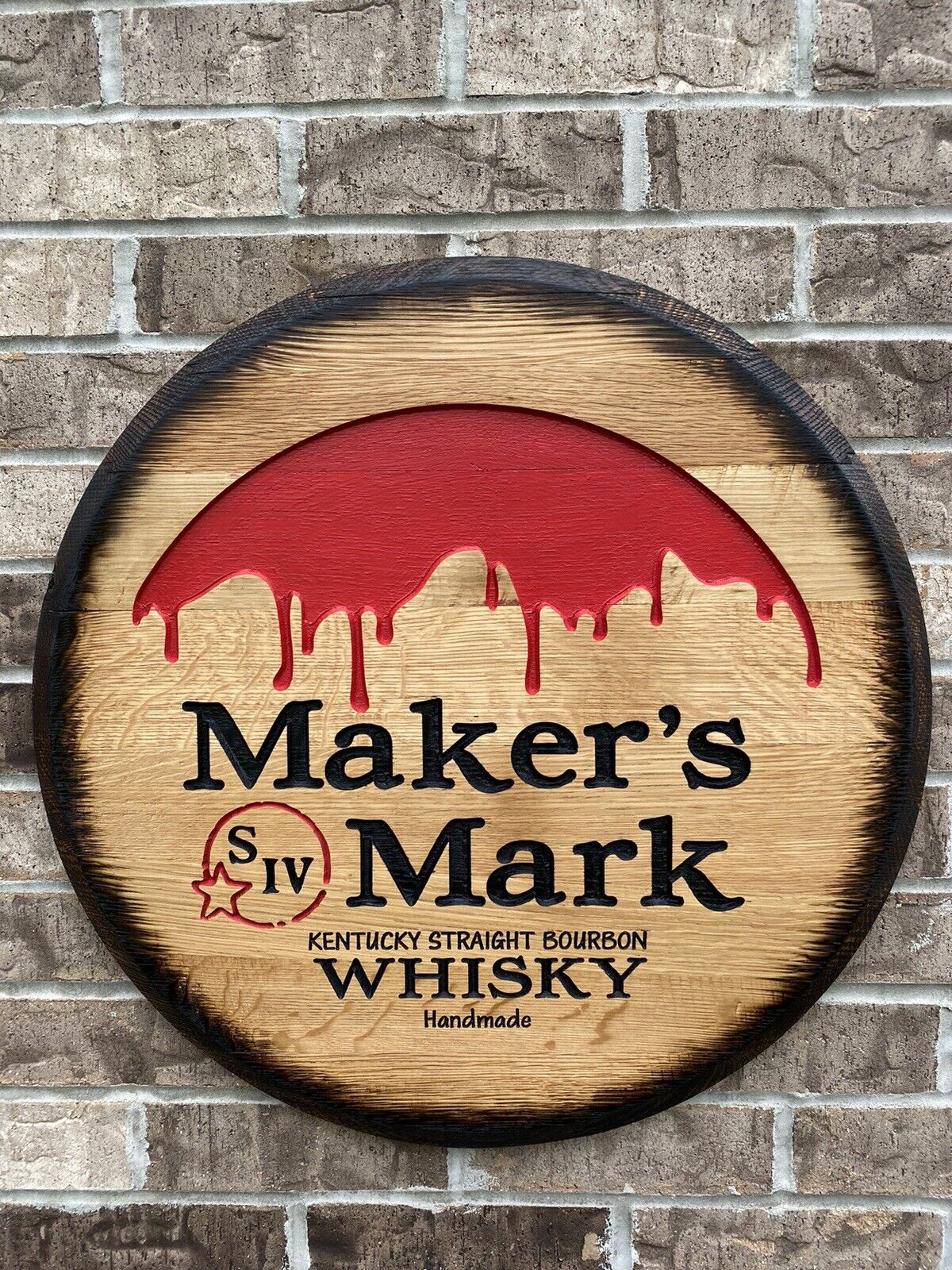 MAKER'S MARK Sign,Carved Drip Bourbon OAK Whiskey Barrel Head Bar Sign