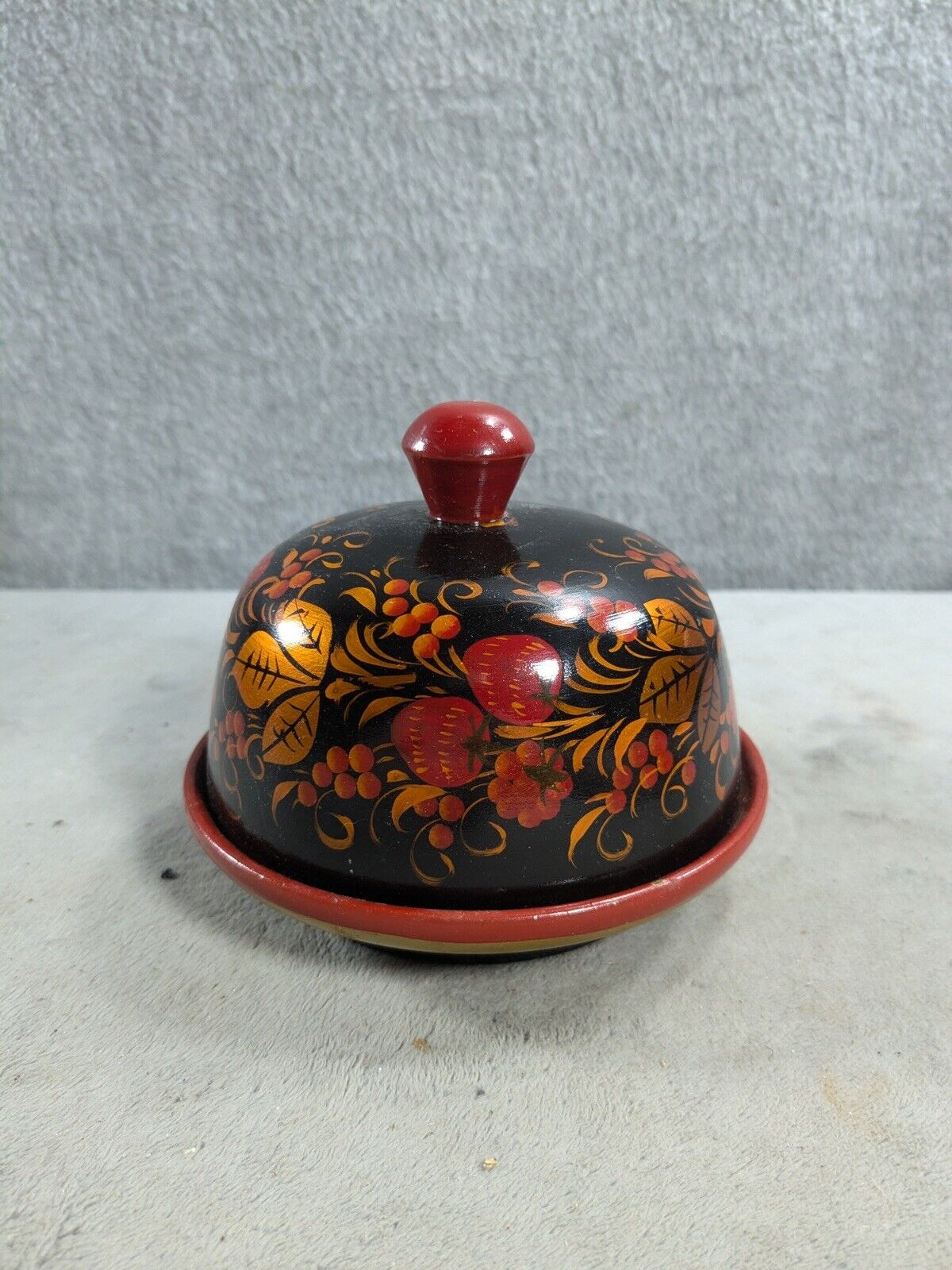 Russian Khokhloma Red An Black Floral Onion Butter Keeper Dish With Cover
