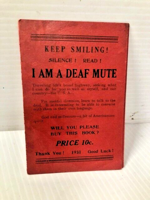 Vintage  Keep Smiling - 1931 - 10 Cents I Am A Deaf Mute  Single Hand Alphabet