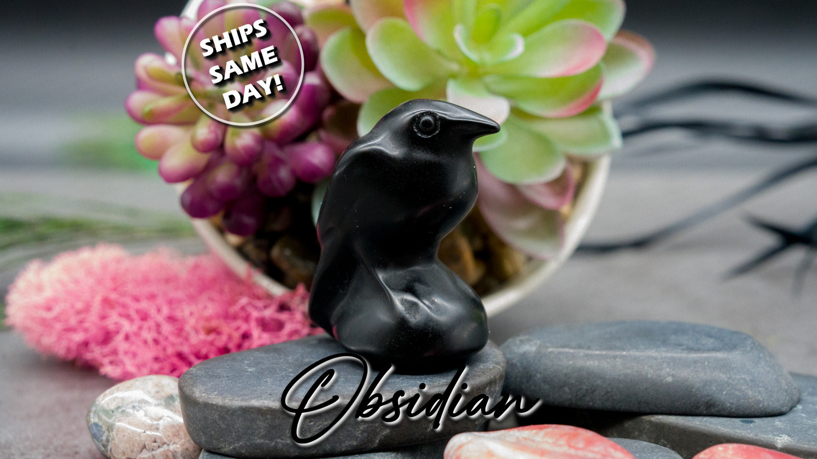 Natural Black Obsidian Crystal Gemstone Raven Crow Bird Figurine Trinket Gift
