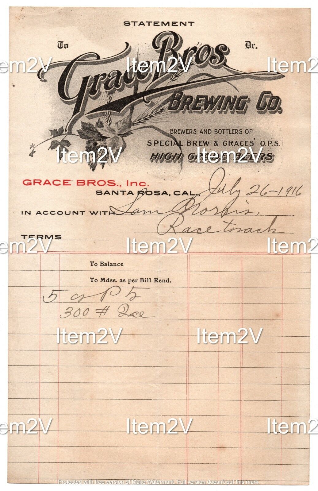 Vintage Grace Bros. Brewing Co. 1916 Billing Statement Santa Rosa CA Item2V