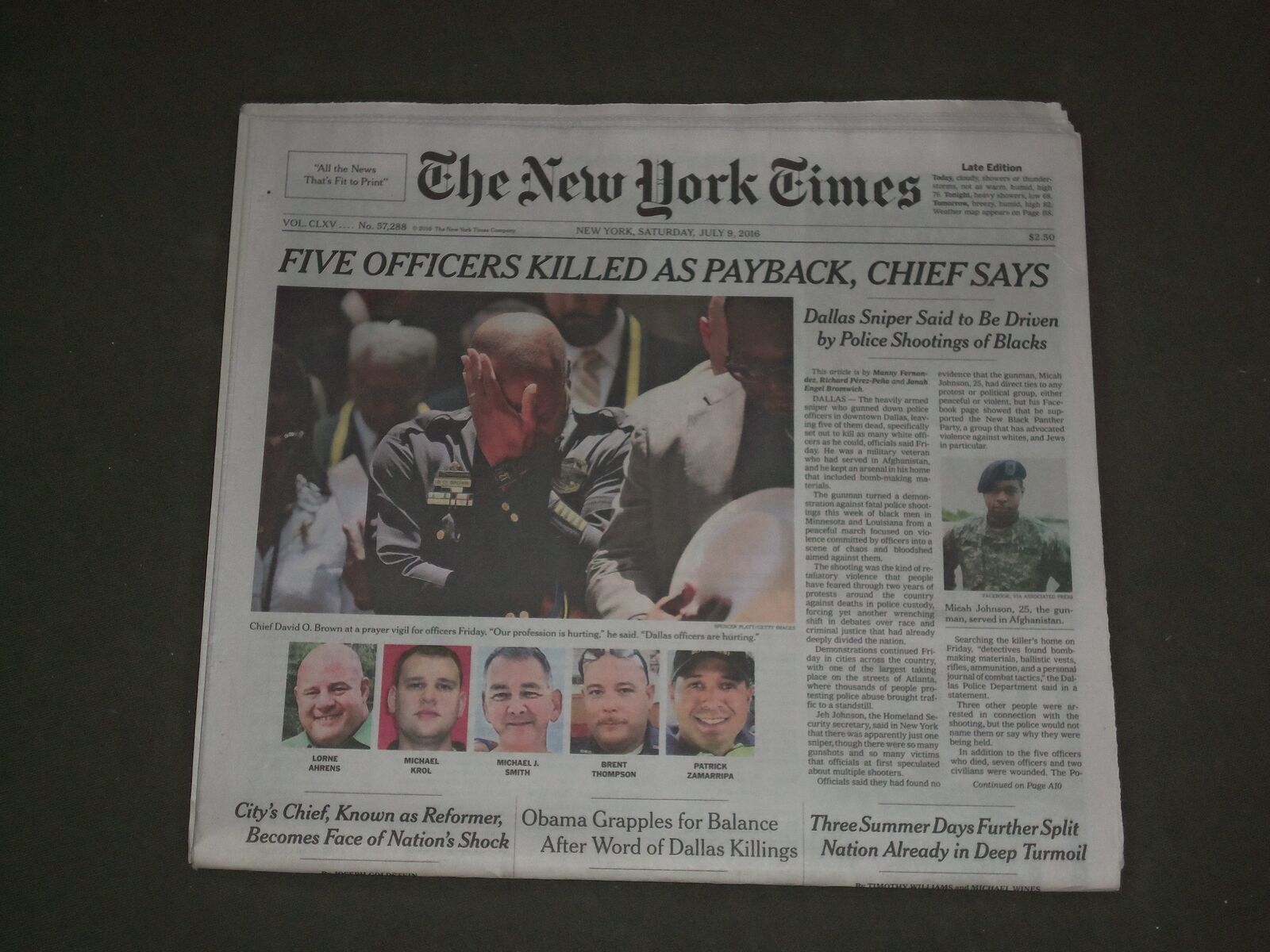 2016 JULY 9 NEW YORK TIMES - 5 OFFICERS KILLED IN DALLAS AS PAYBACK OF SHOOTINGS